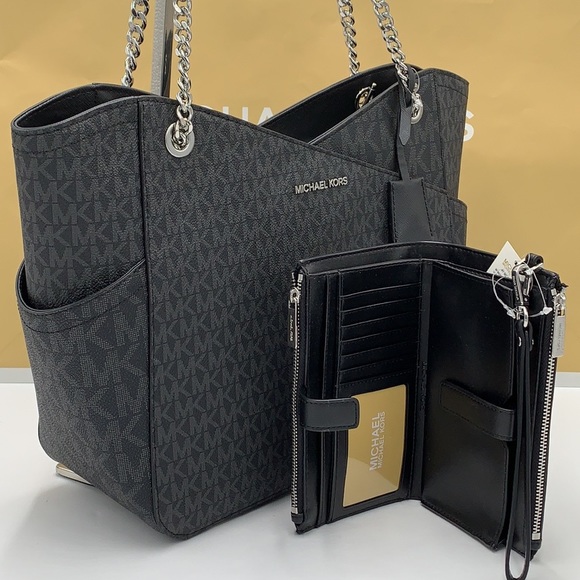 MICHAEL KORS LARGE X CHAIN SHOULDER TOTE & LARGE DOUBLE ZIP WALLET BLACK SIGNATR - Picture 1 of 16